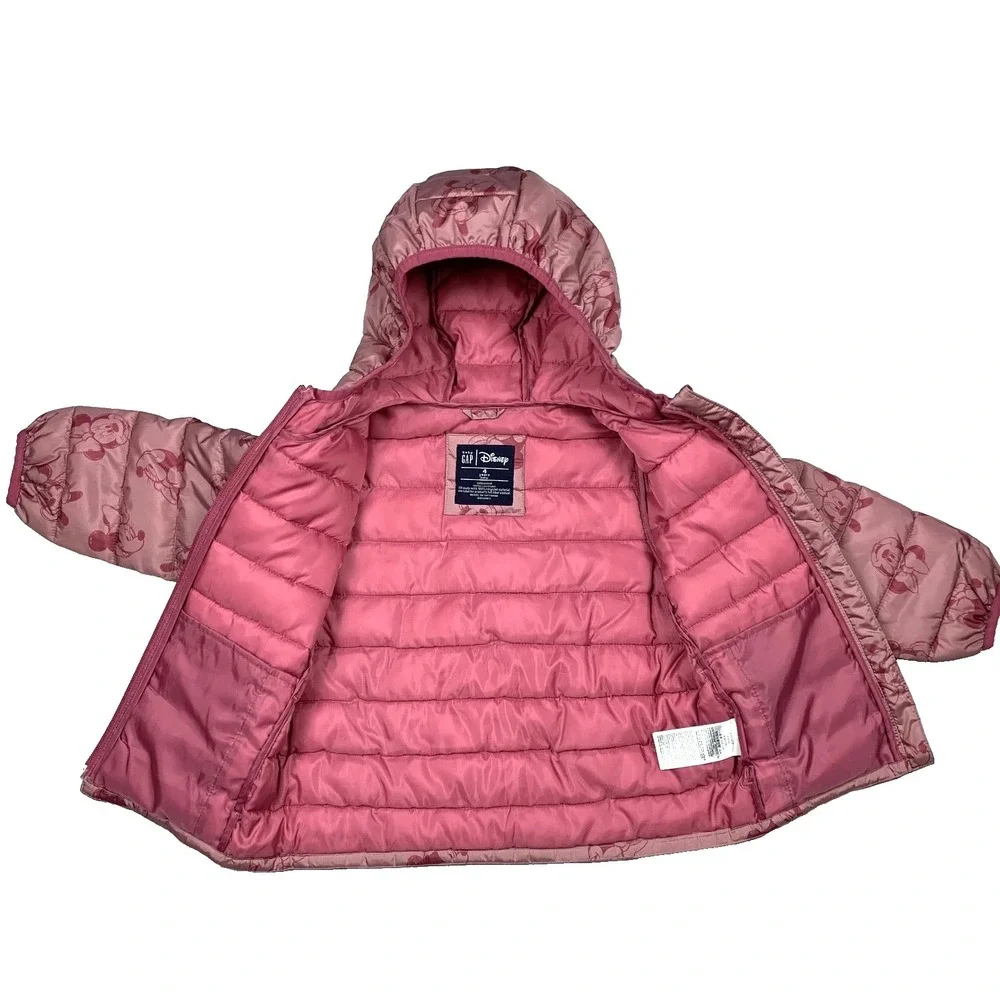 Gap Disney Puffer Jacket Girls 4 Pink Minnie Mouse Hooded‎ Lightweight Coat